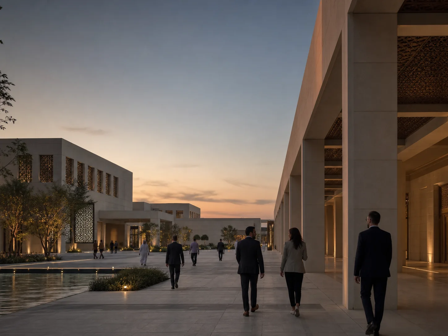 Business leaders walking through a contemporary UAE executive education campus