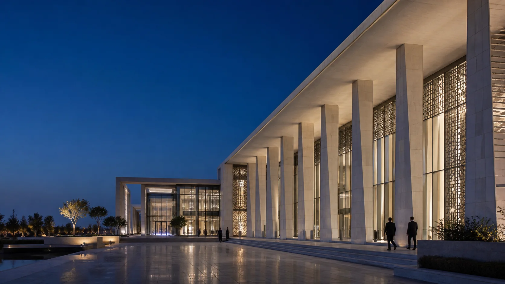 Contemporary UAE institutional architecture at blue hour