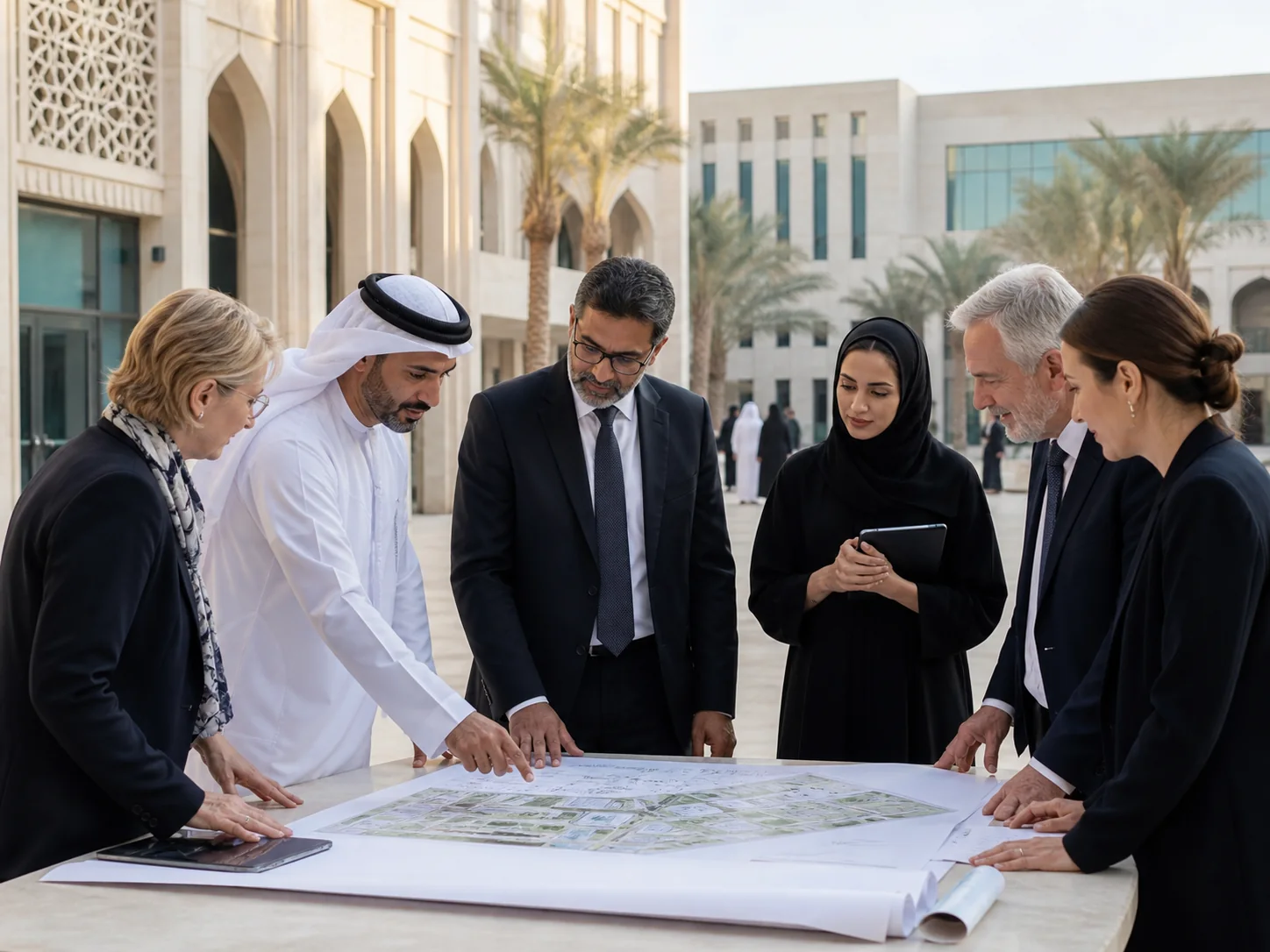 Education leaders discussing institutional development in a UAE campus courtyard