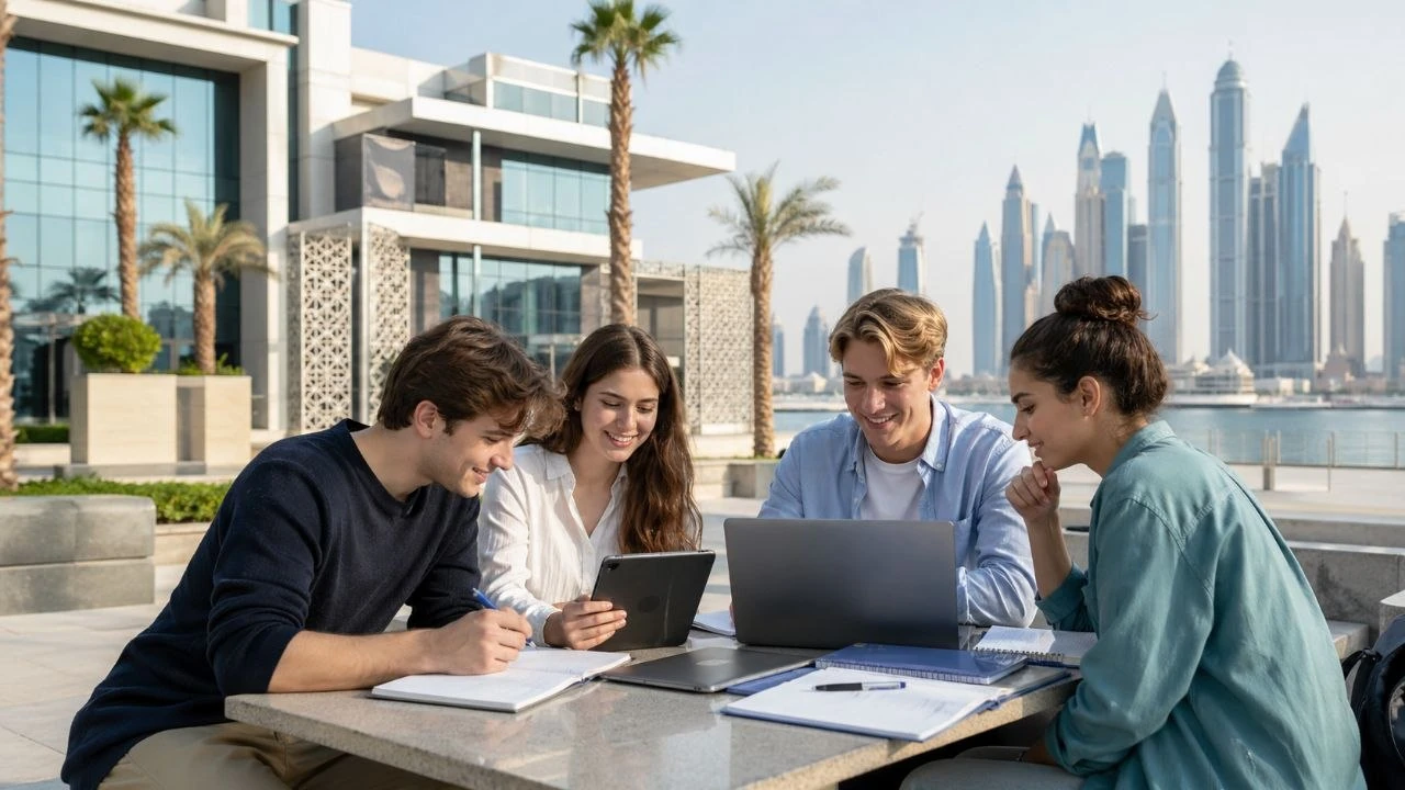 Students discussing university admission in the UAE