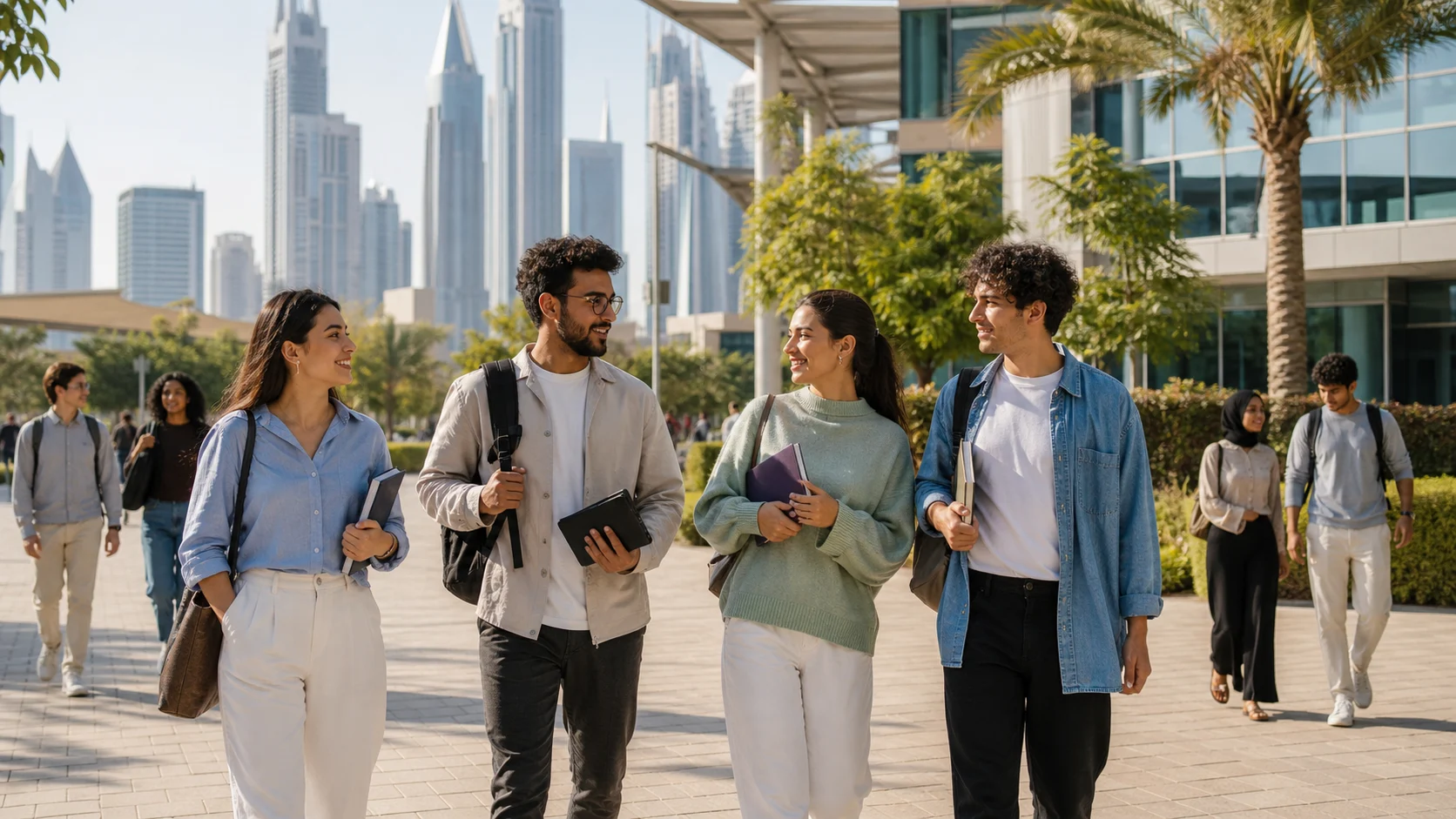 Group of international students walking through a university district in Dubai.