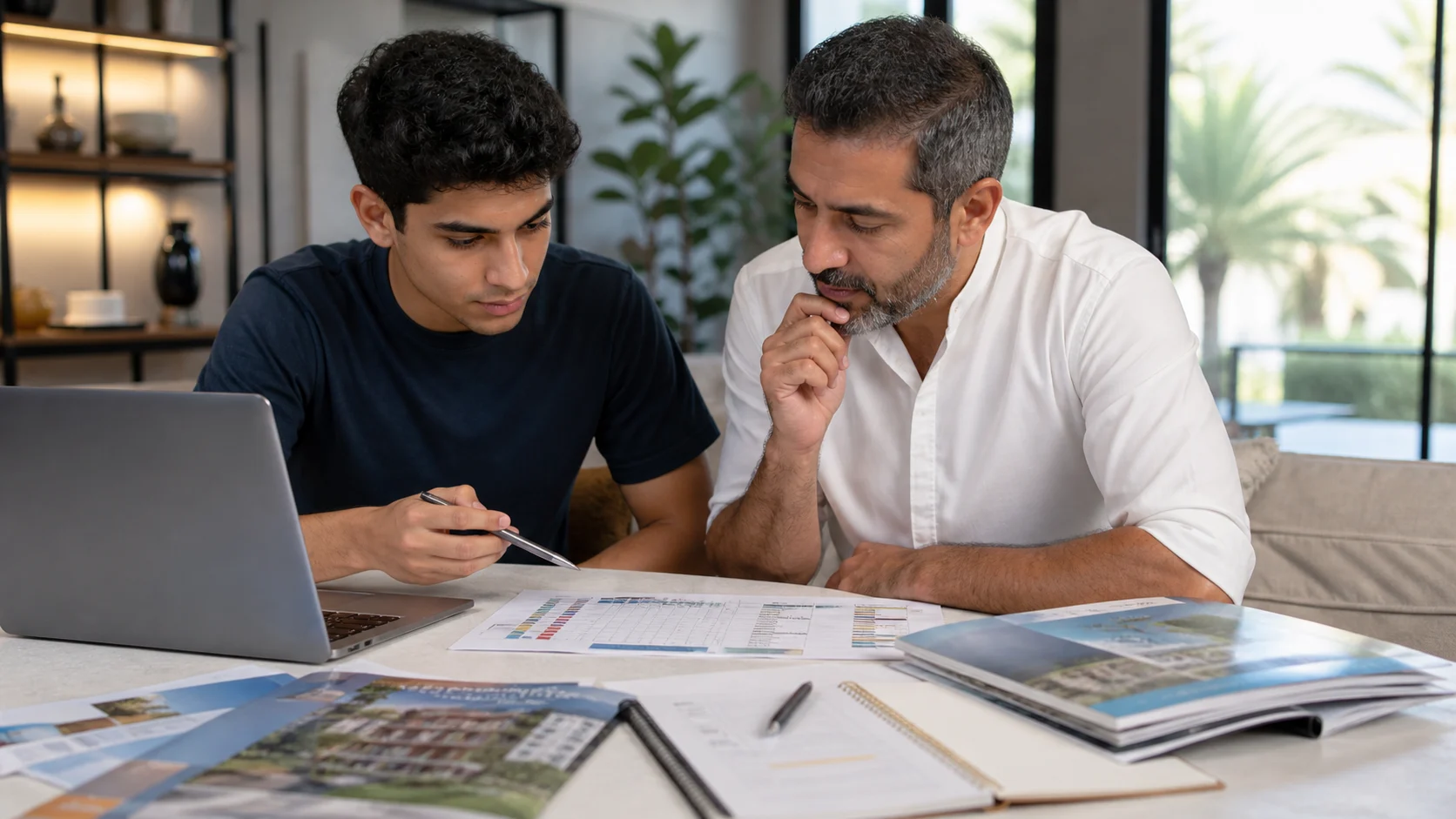 Student and parent reviewing a shortlist of UAE universities.