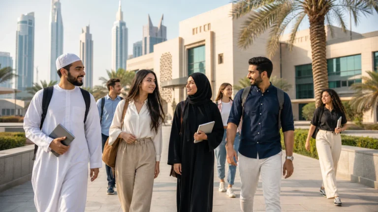 International students near a modern university campus in Dubai.