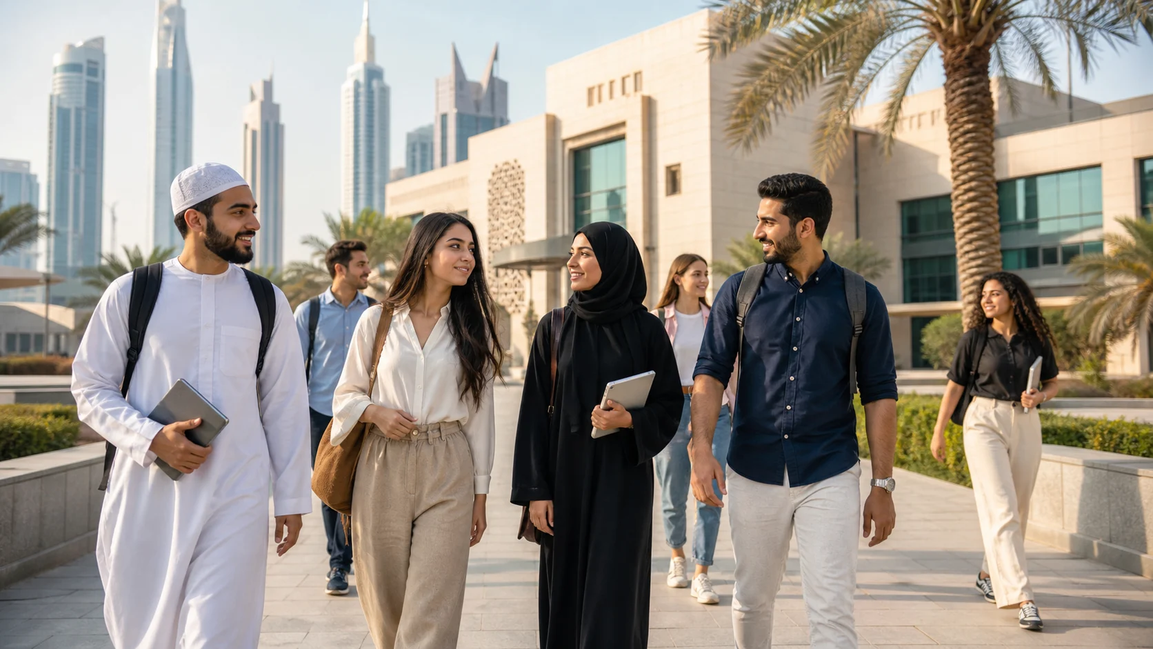 International students near a modern university campus in Dubai.