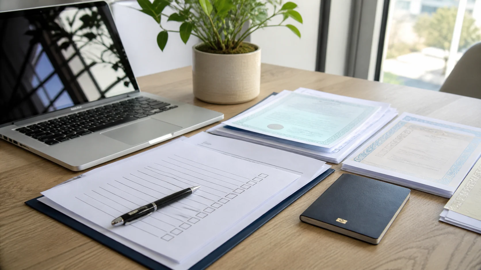 Organised university admission documents on a desk.