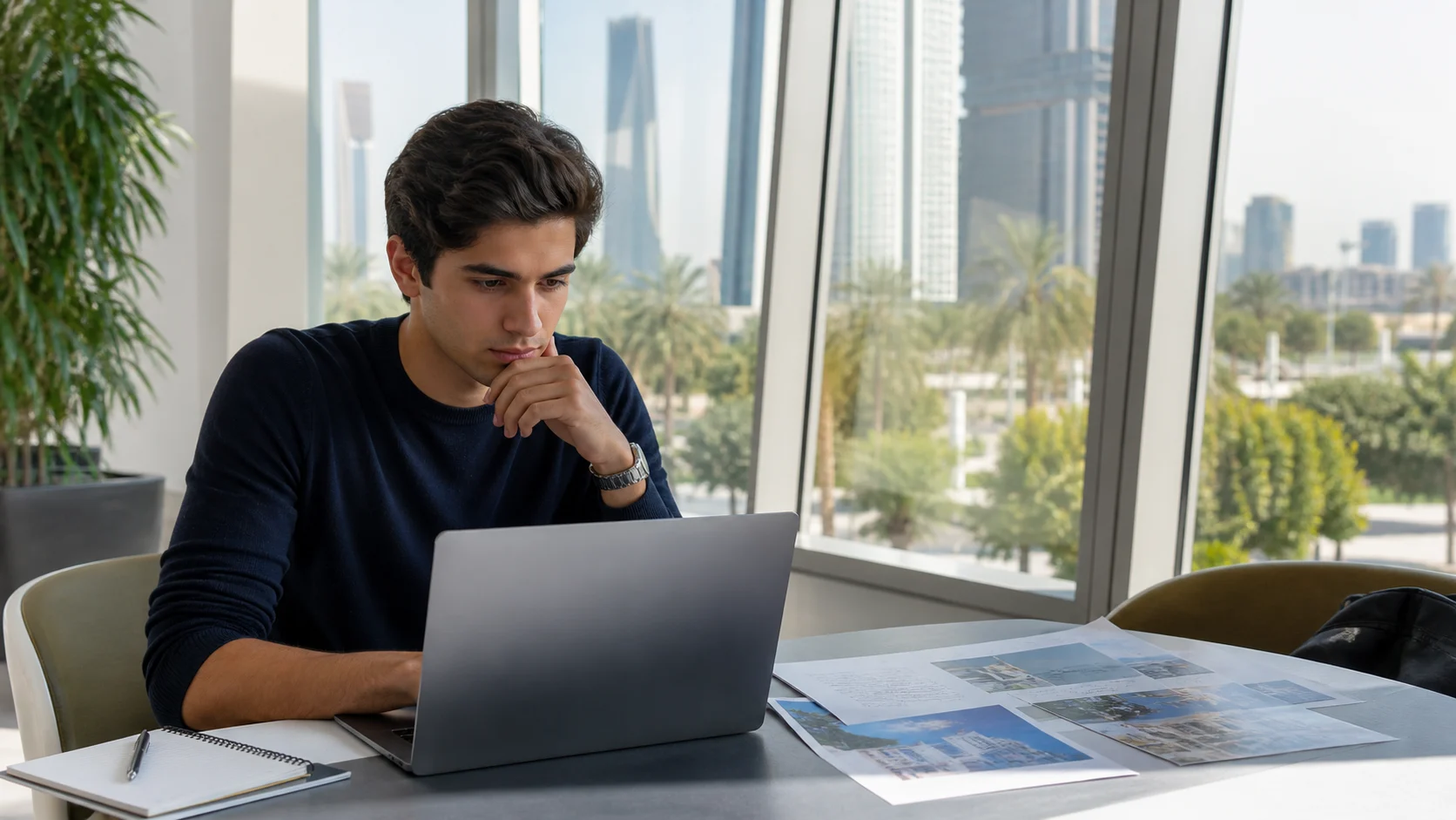 Student comparing university options on a laptop in Dubai.