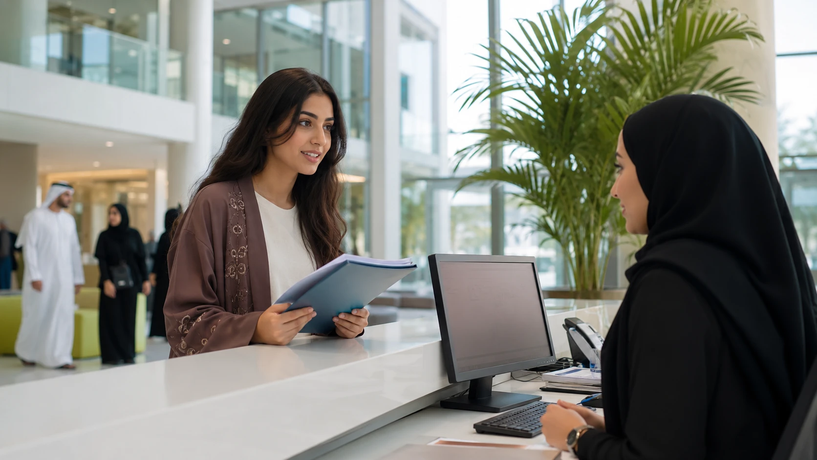 Student discussing IELTS requirements with an admissions adviser in Dubai.