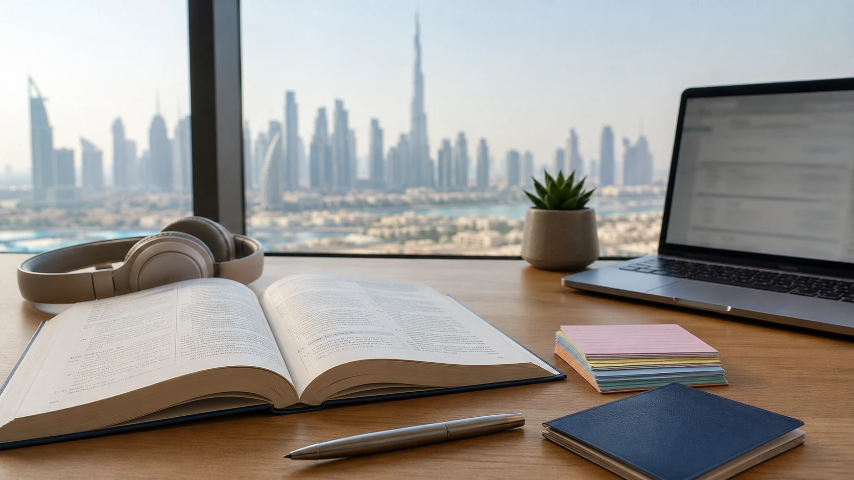 Study desk with IELTS materials and a Dubai skyline view.