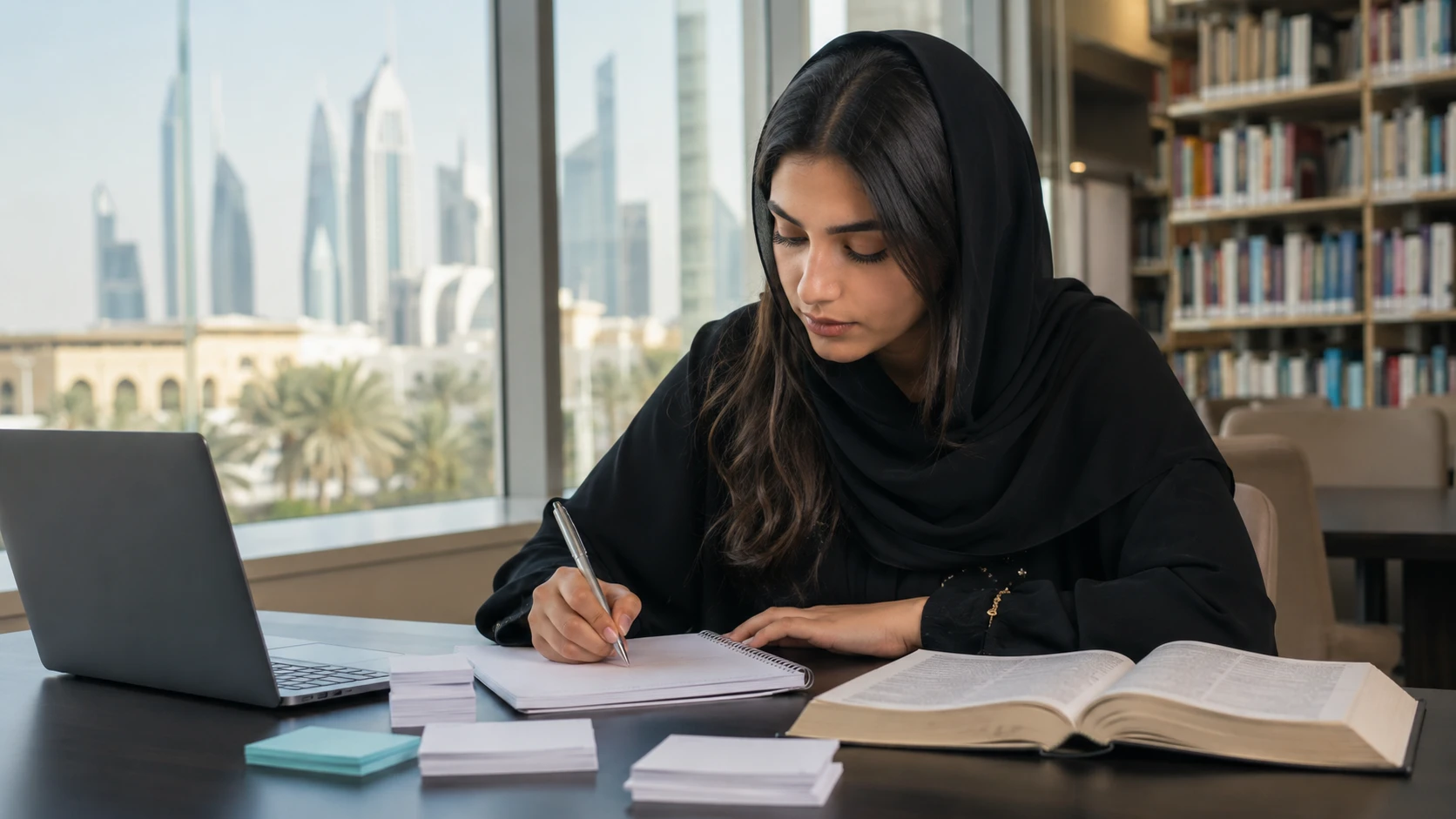 English teacher working with international students in a Dubai classroom.