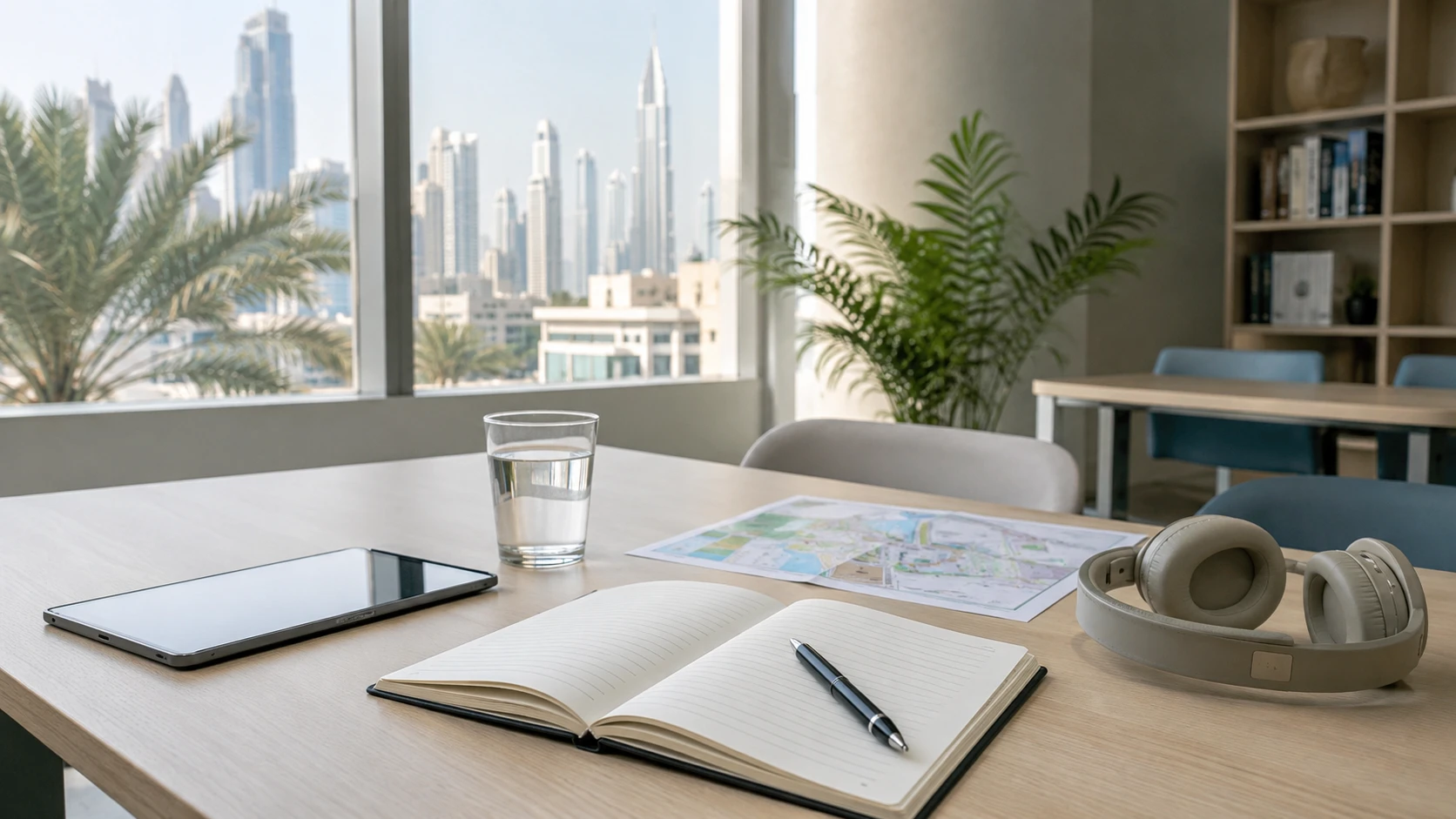 Student studying English in a quiet library with Dubai outside the window.