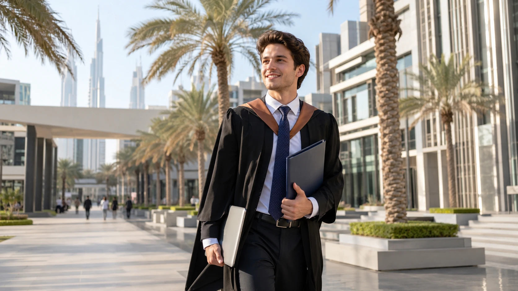 Graduate student walking near a modern university campus in Dubai.