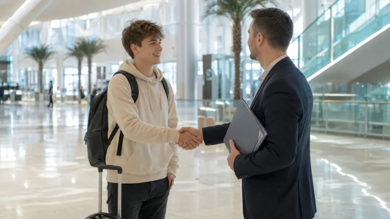 Student after arriving in Dubai checking documents and the route to campus.