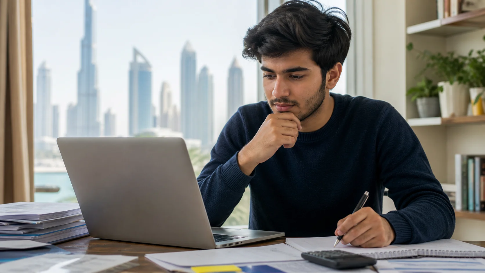 Student reviewing scholarship options for UAE universities on a laptop.