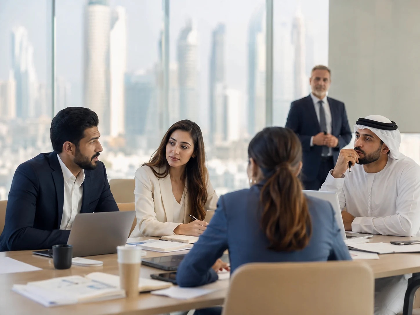 Business students discussing an MBA case study in Dubai.