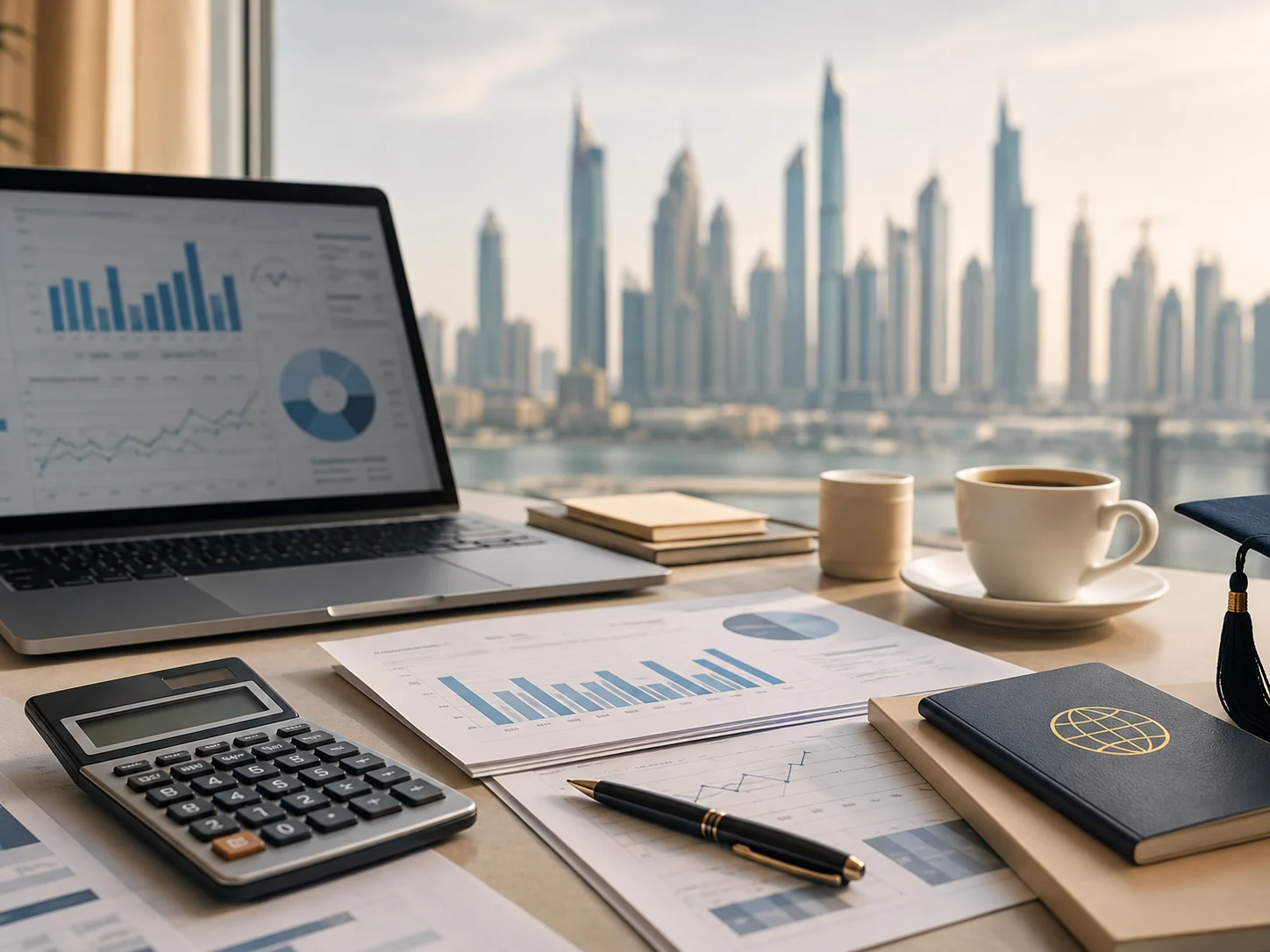 MBA planning desk with laptop, notes and financial documents in Dubai.