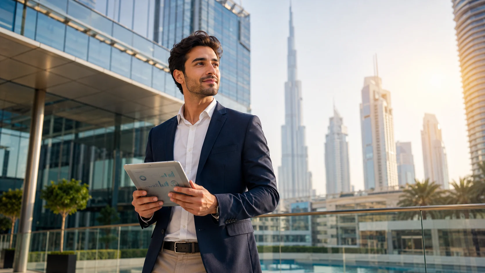 MBA candidate in Dubai reviewing business school options near the city skyline.