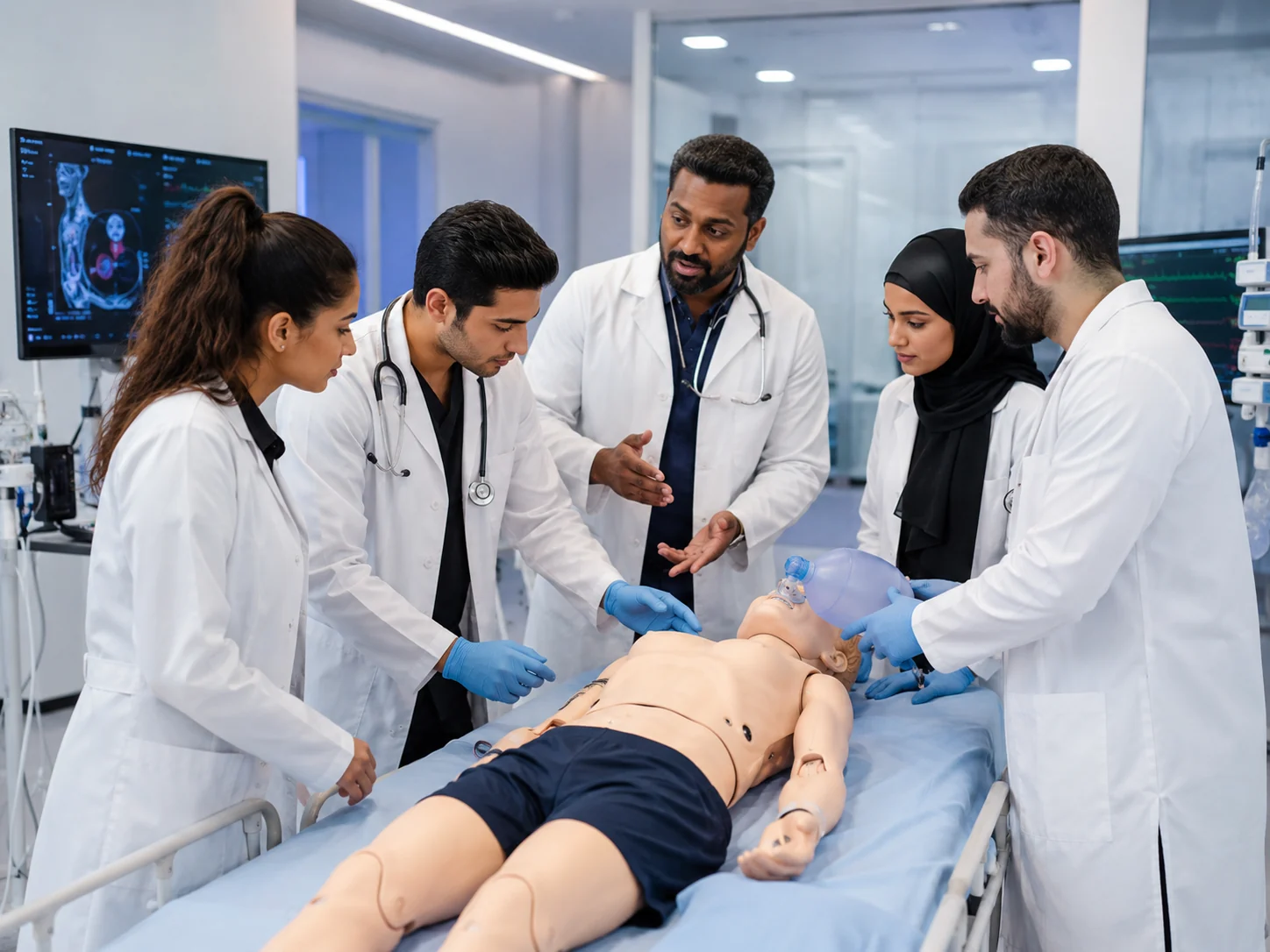Medical students practising clinical skills in a UAE simulation lab.