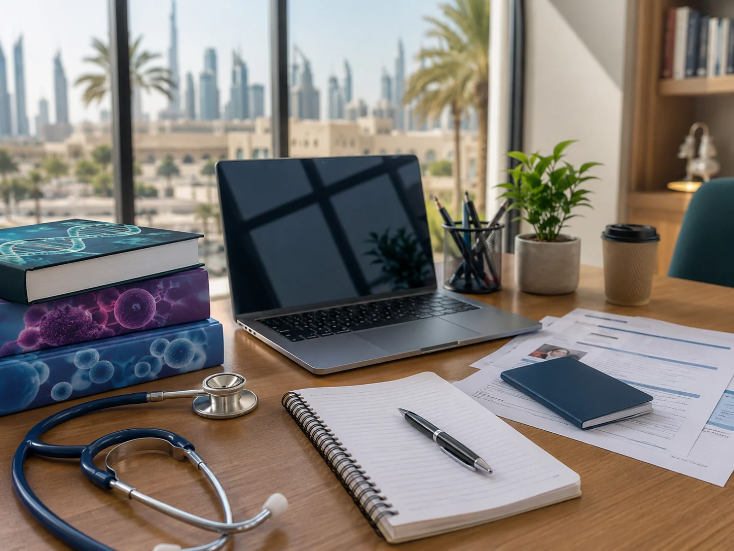 Medical admission documents, textbooks and a stethoscope prepared for UAE university applications.