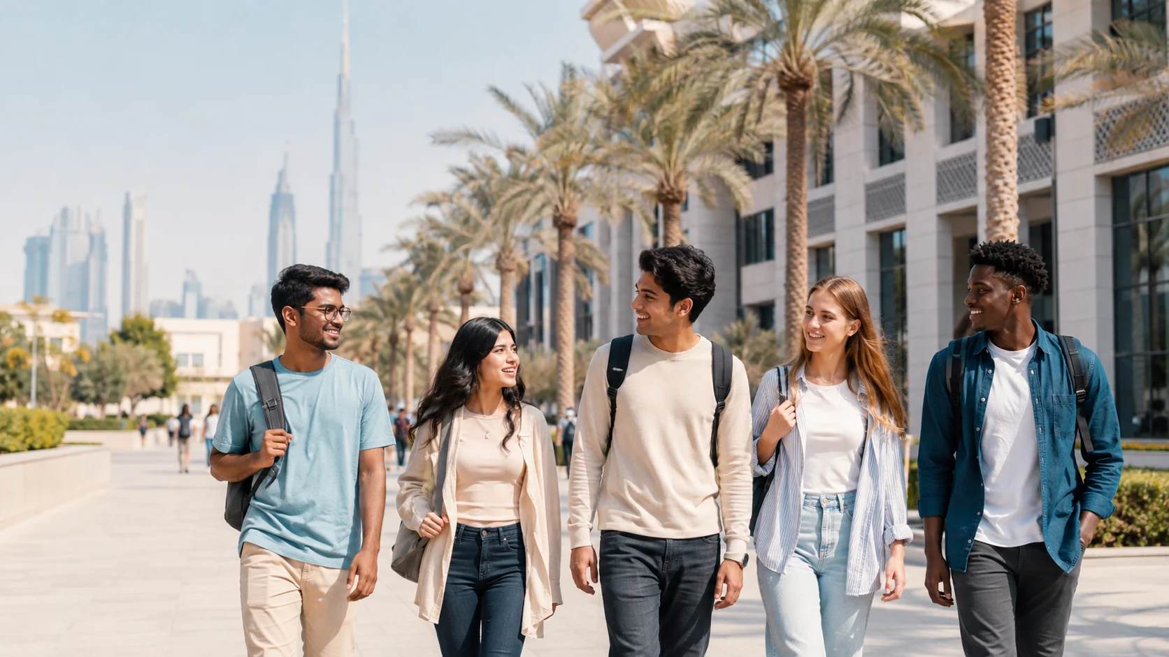 International students walking across a university campus in Dubai.