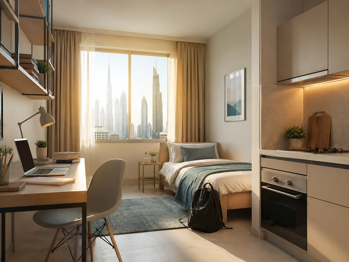 Student dorm room in Dubai prepared for the first semester.