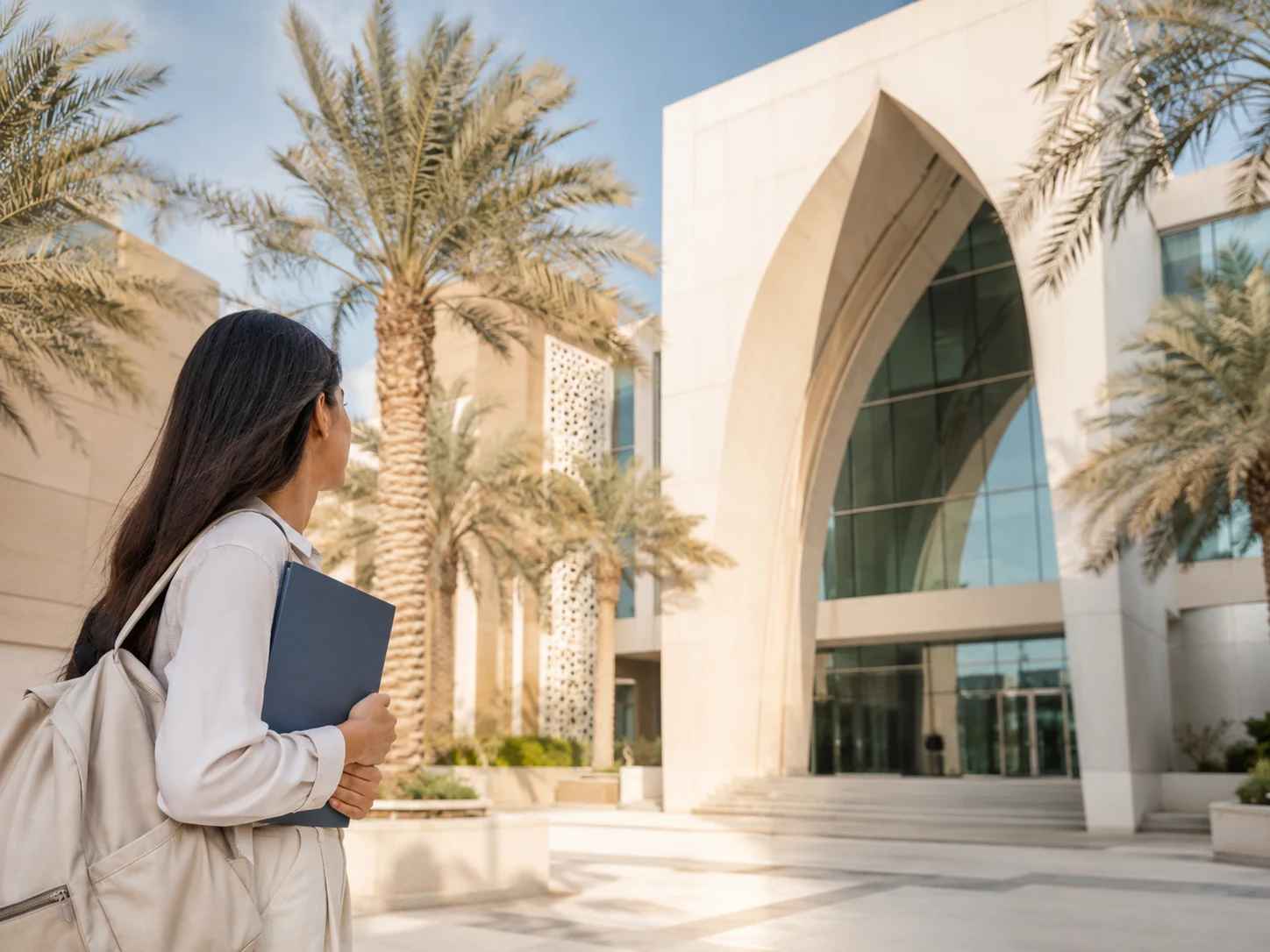 Student arriving near a UAE university campus after planning a transfer route.