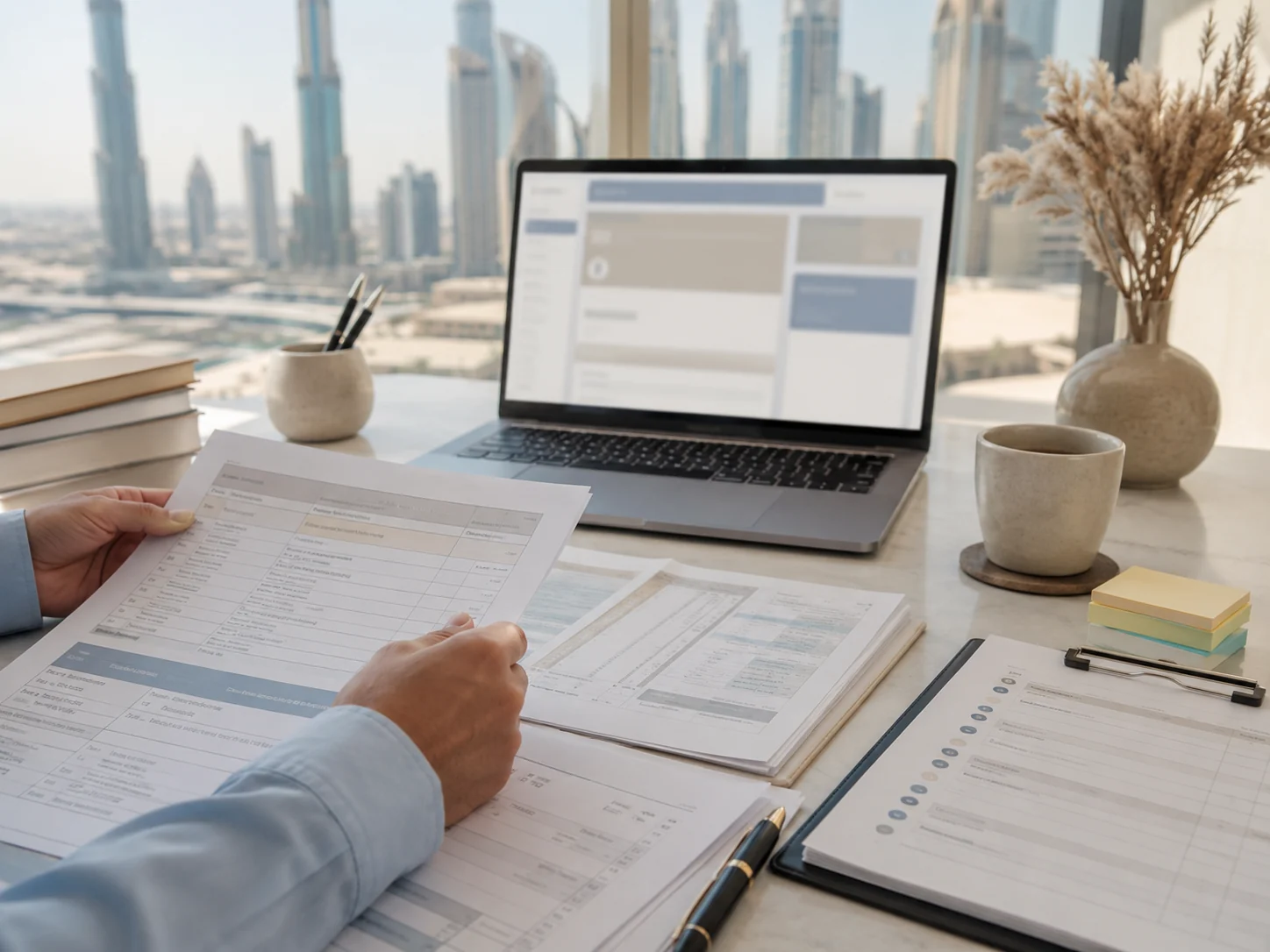 Academic documents and laptop used to review credit transfer to UAE universities.