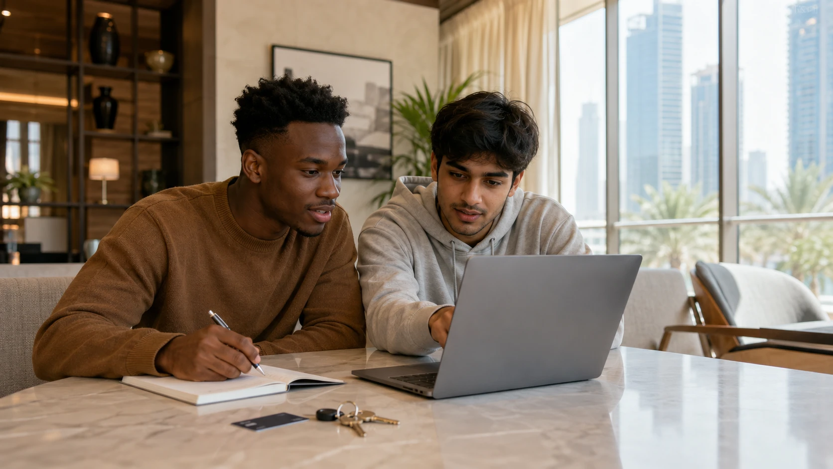Two students reviewing accommodation costs on a laptop in Dubai.