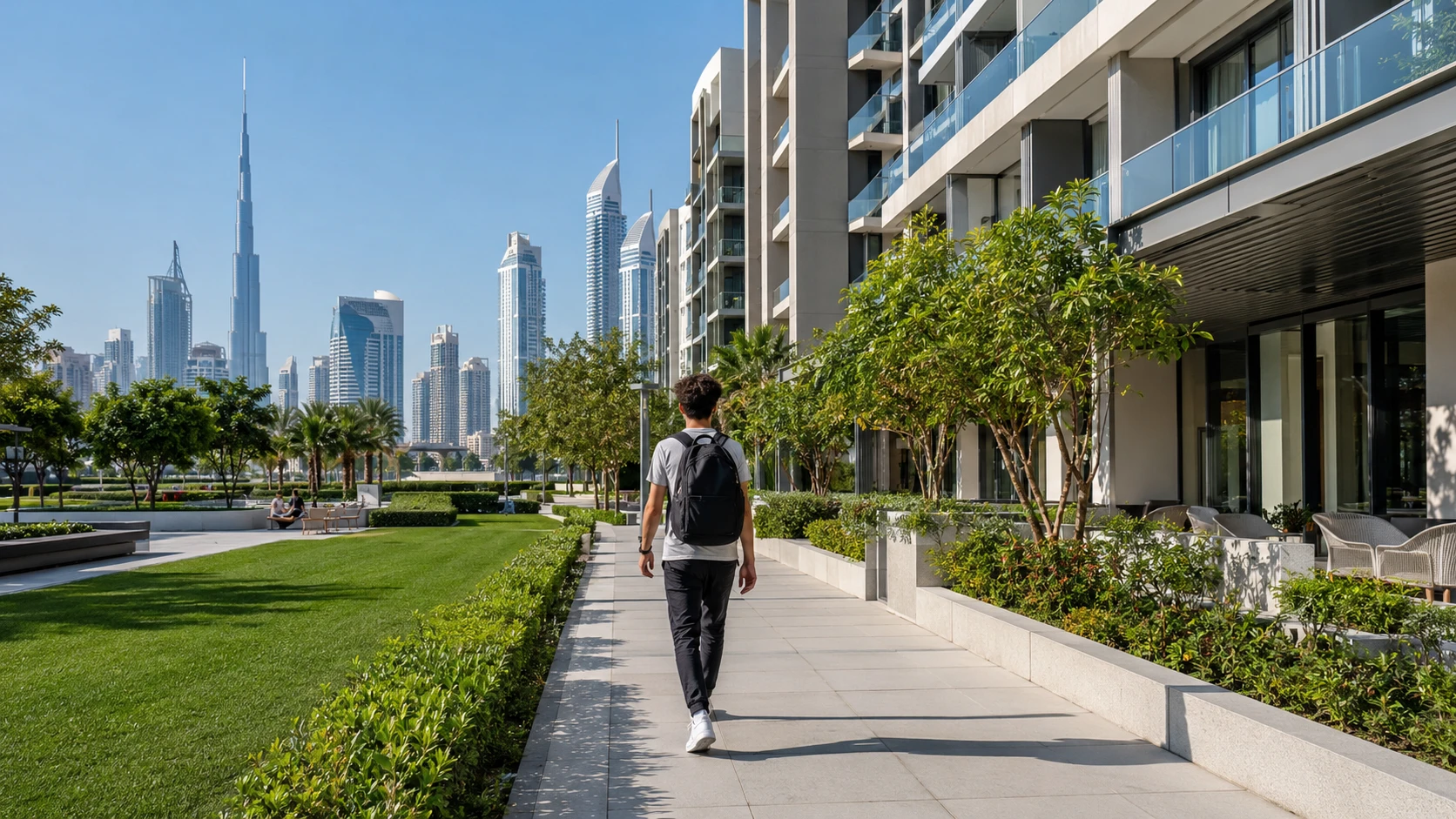 Student walking near residential buildings in Dubai.