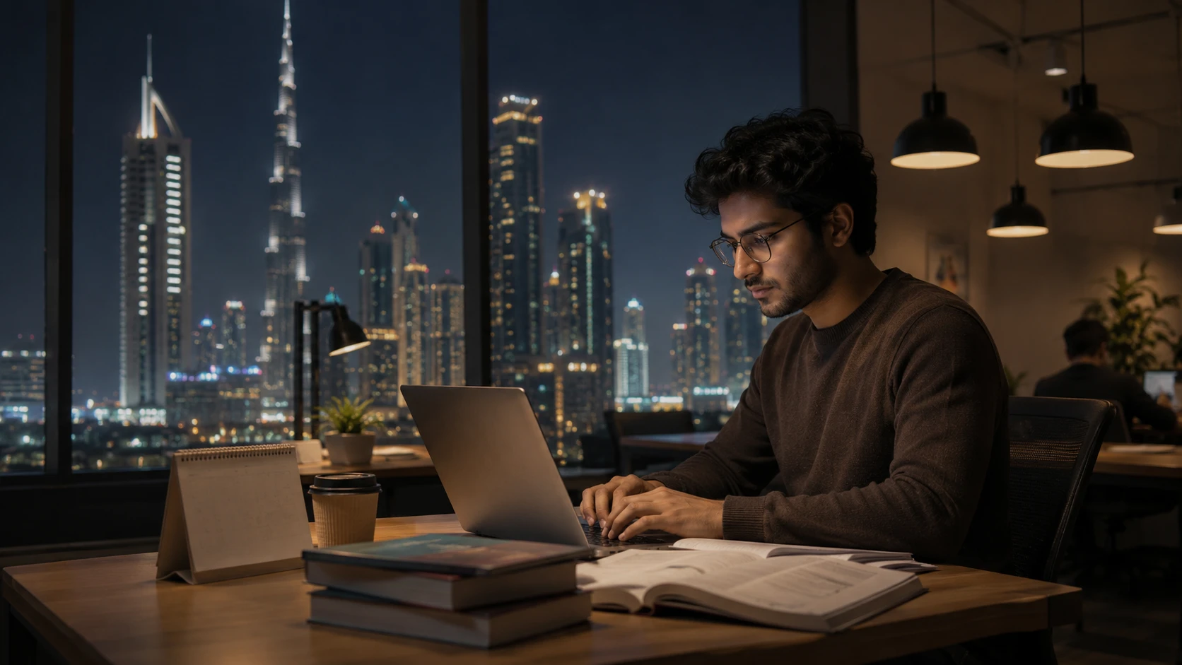 Student working on a laptop in Dubai after classes.