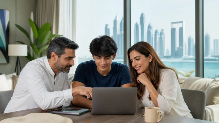 Recent school graduate discussing study options in the UAE with parents.