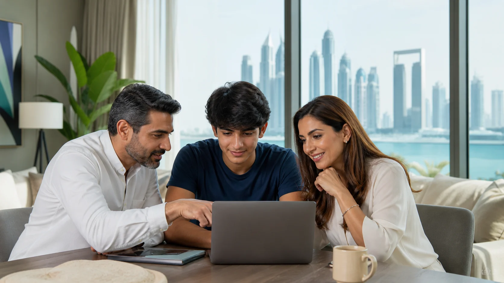 Recent school graduate discussing study options in the UAE with parents.