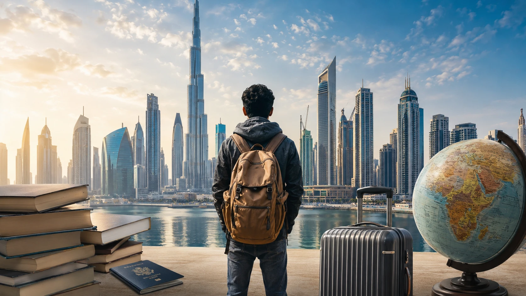 Student comparing study destinations with passport, globe and Dubai skyline.