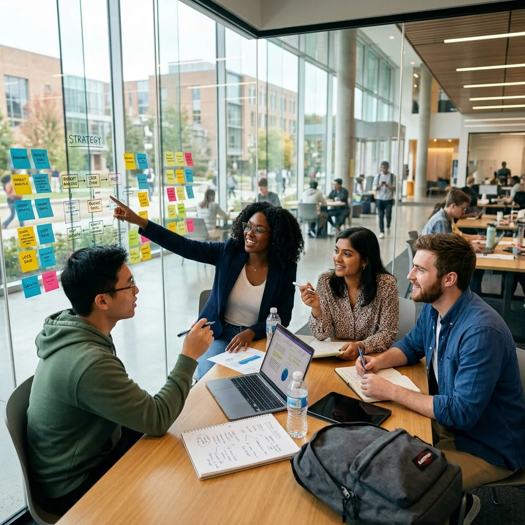 University students collaborating in a business incubator room in Dubai