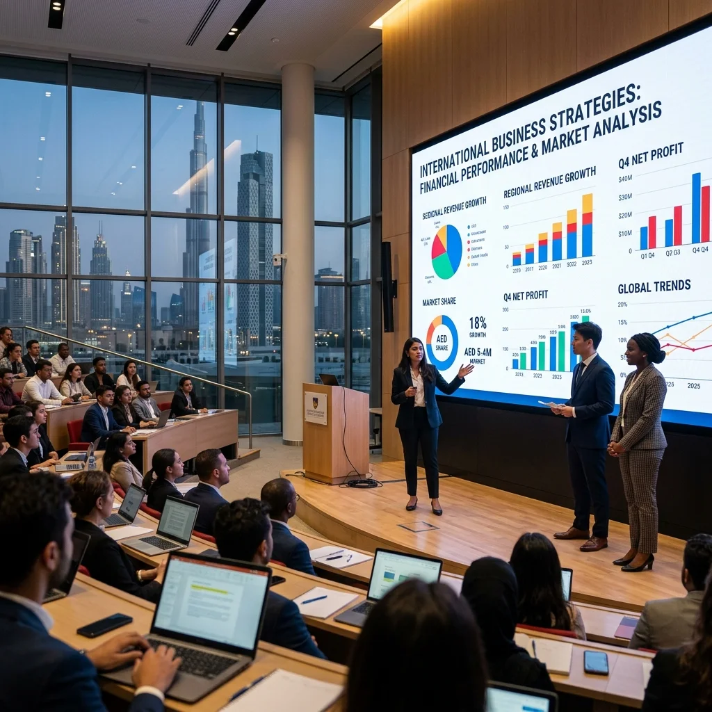 Business students presenting financial analysis on a digital screen in Dubai
