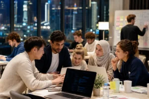 Computer science students programming in a modern computer laboratory