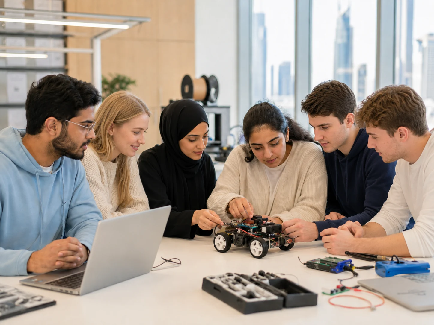 University students building and programming robots in an AI robotics class