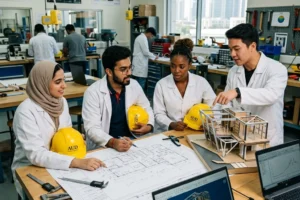 Engineering students reviewing architectural blueprints on a table in Dubai