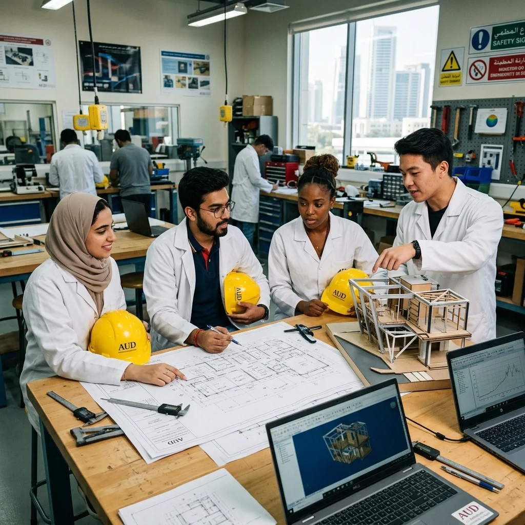 Engineering students reviewing architectural blueprints on a table in Dubai