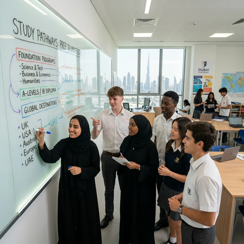 Students participating in a foundation program classroom in Dubai