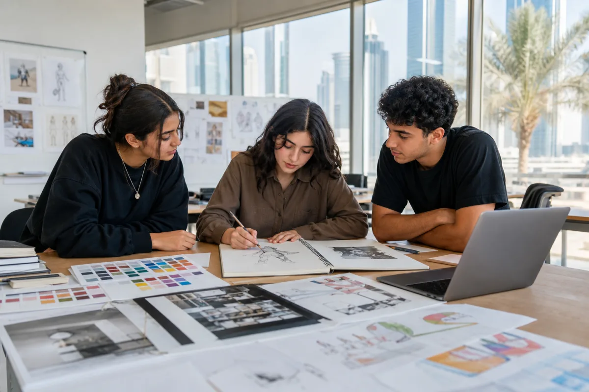 Students working with laptops in Middlesex University Dubai study zone