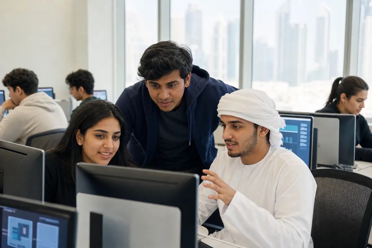 Engineering students working with robots in a high-tech lab at RIT Dubai