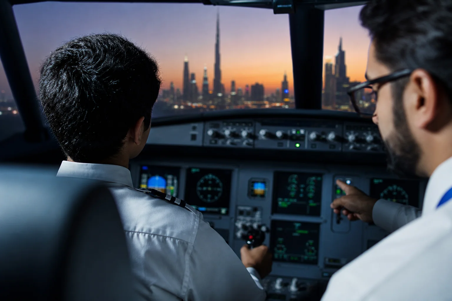 Students using a realistic flight simulator in a training laboratory
