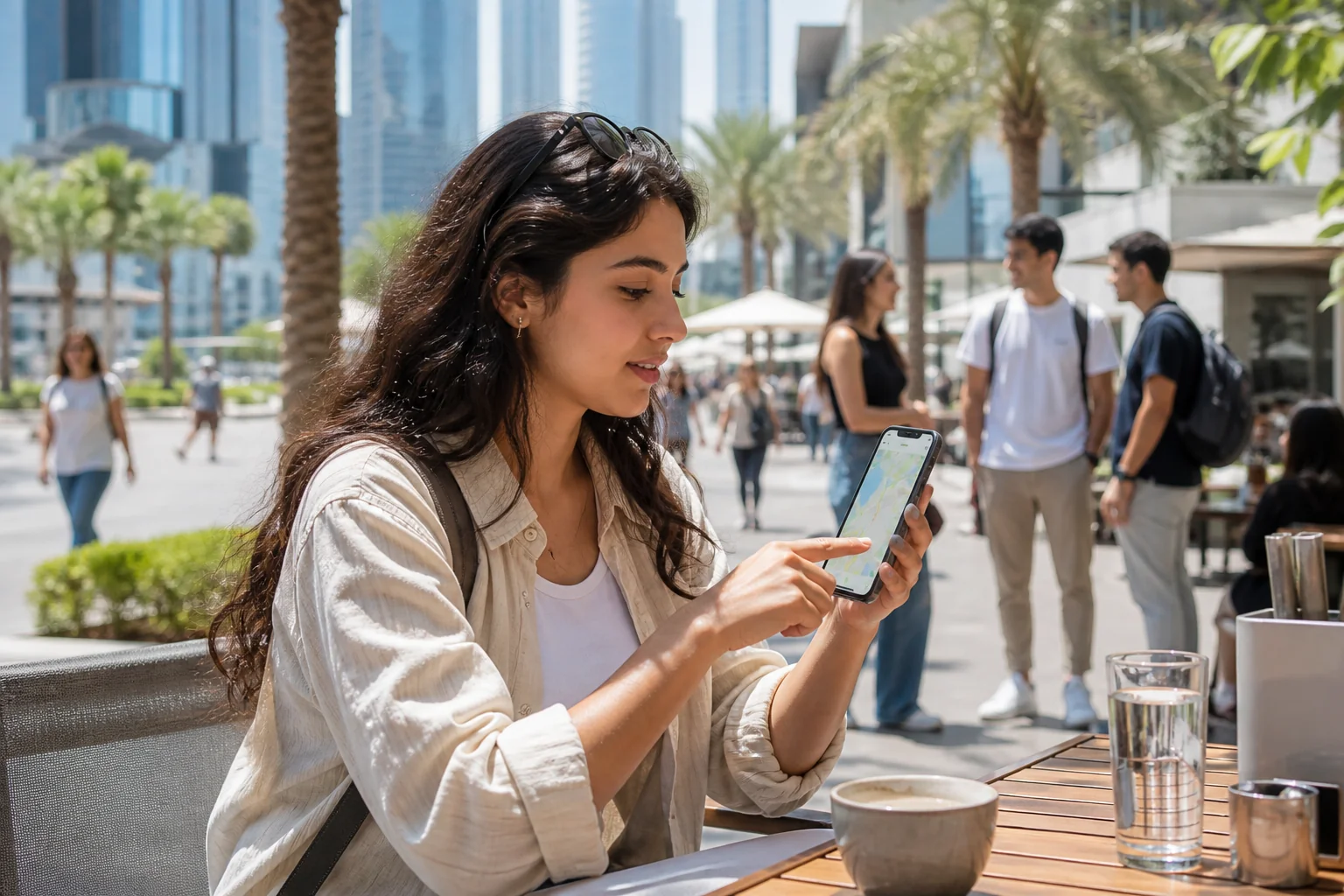 Young woman with a phone on a Dubai street