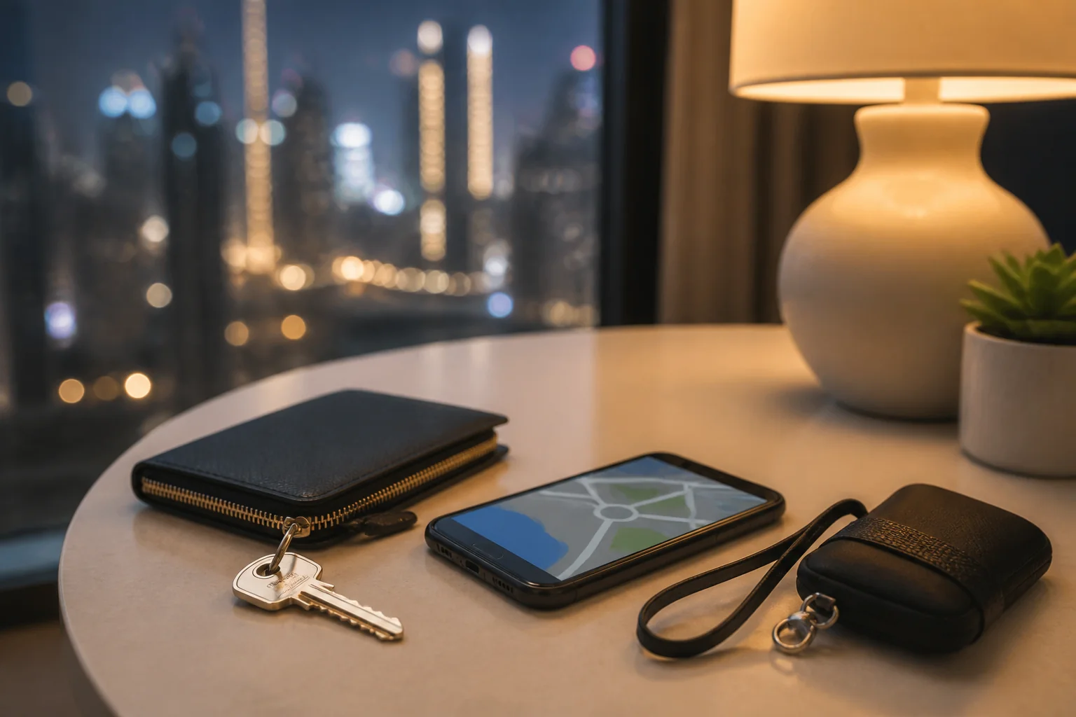Phone, wallet and keys on a table