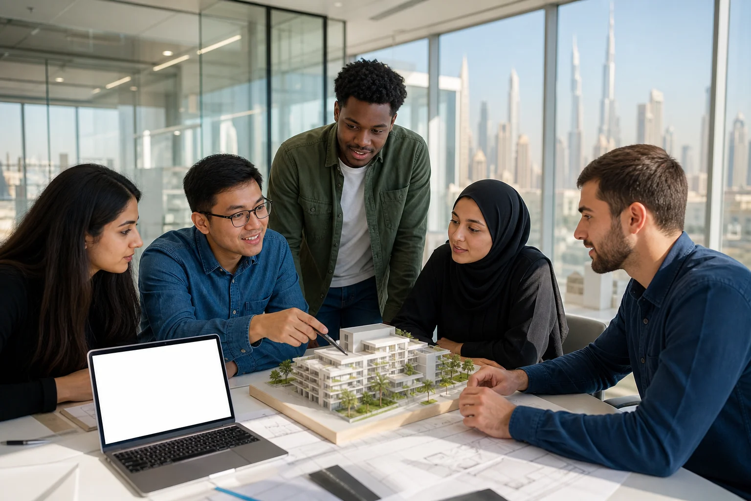 Engineering students discussing a sustainable city model in a design studio