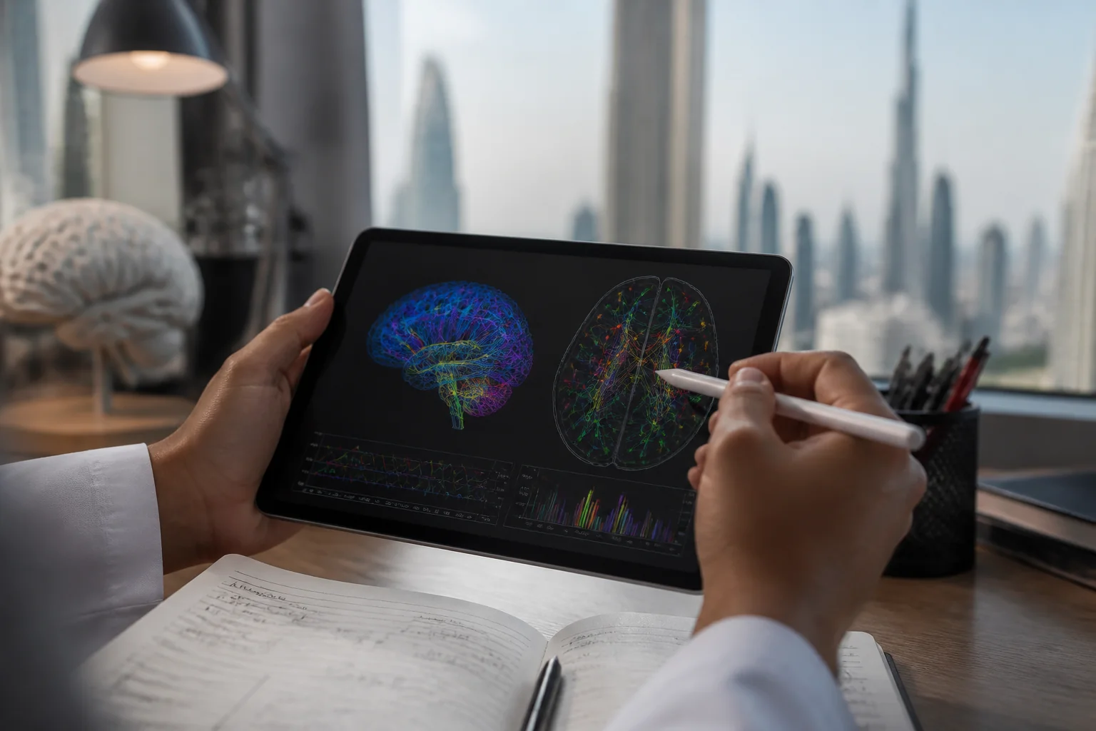 Student taking notes beside an anatomical brain model