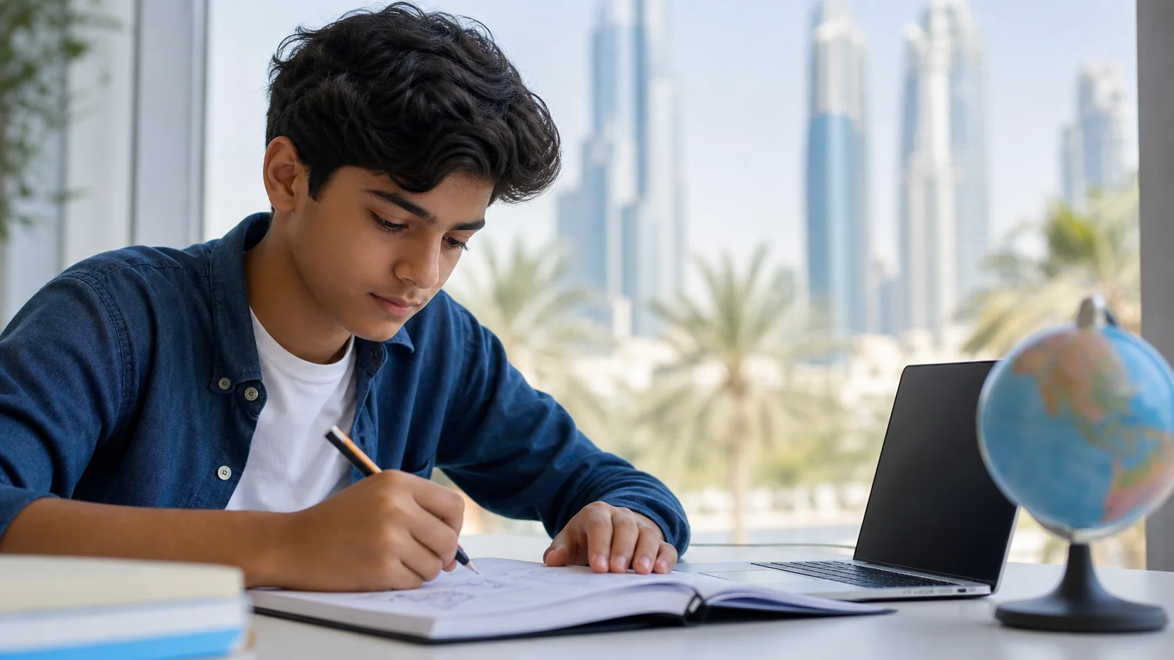 Schoolboy studying at a desk