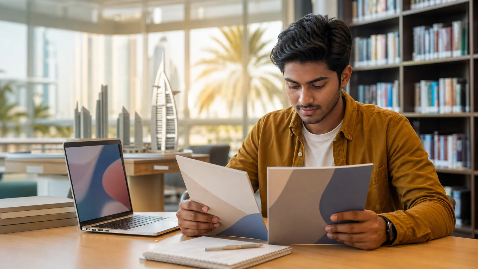 Indian student with brochures in a library