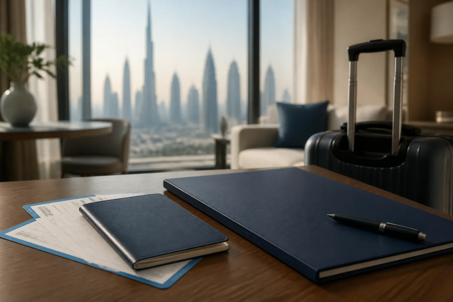 Student documents and a suitcase before a journey