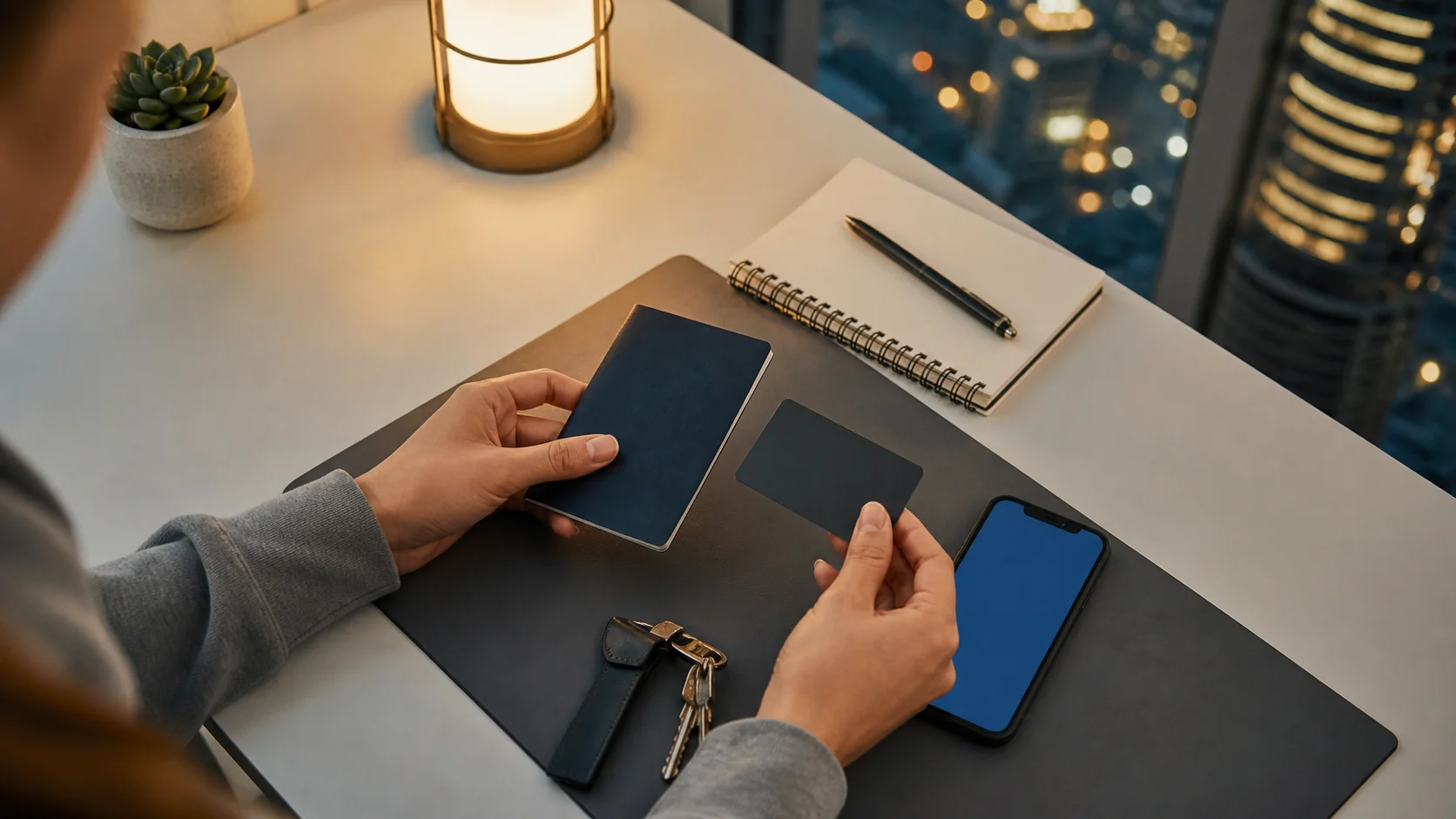 Student bank card and phone on a table